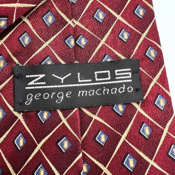 Zylos George Machado 100% Silk Tie Burgundy Cream Light Blue Pattern - Picture 4 of 7